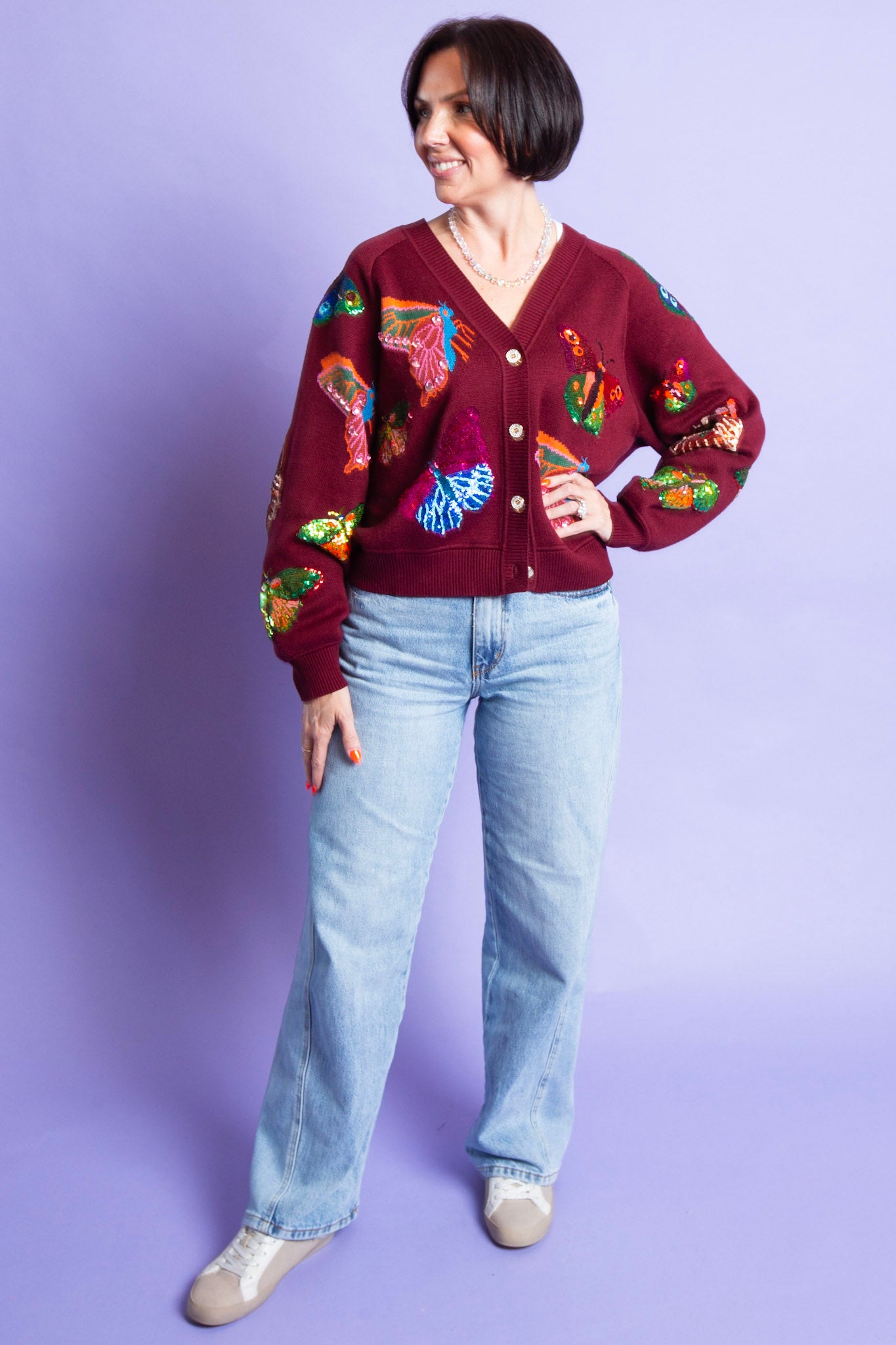 Queen of Sparkles | Maroon Multi Butterfly Knit Cardigan
