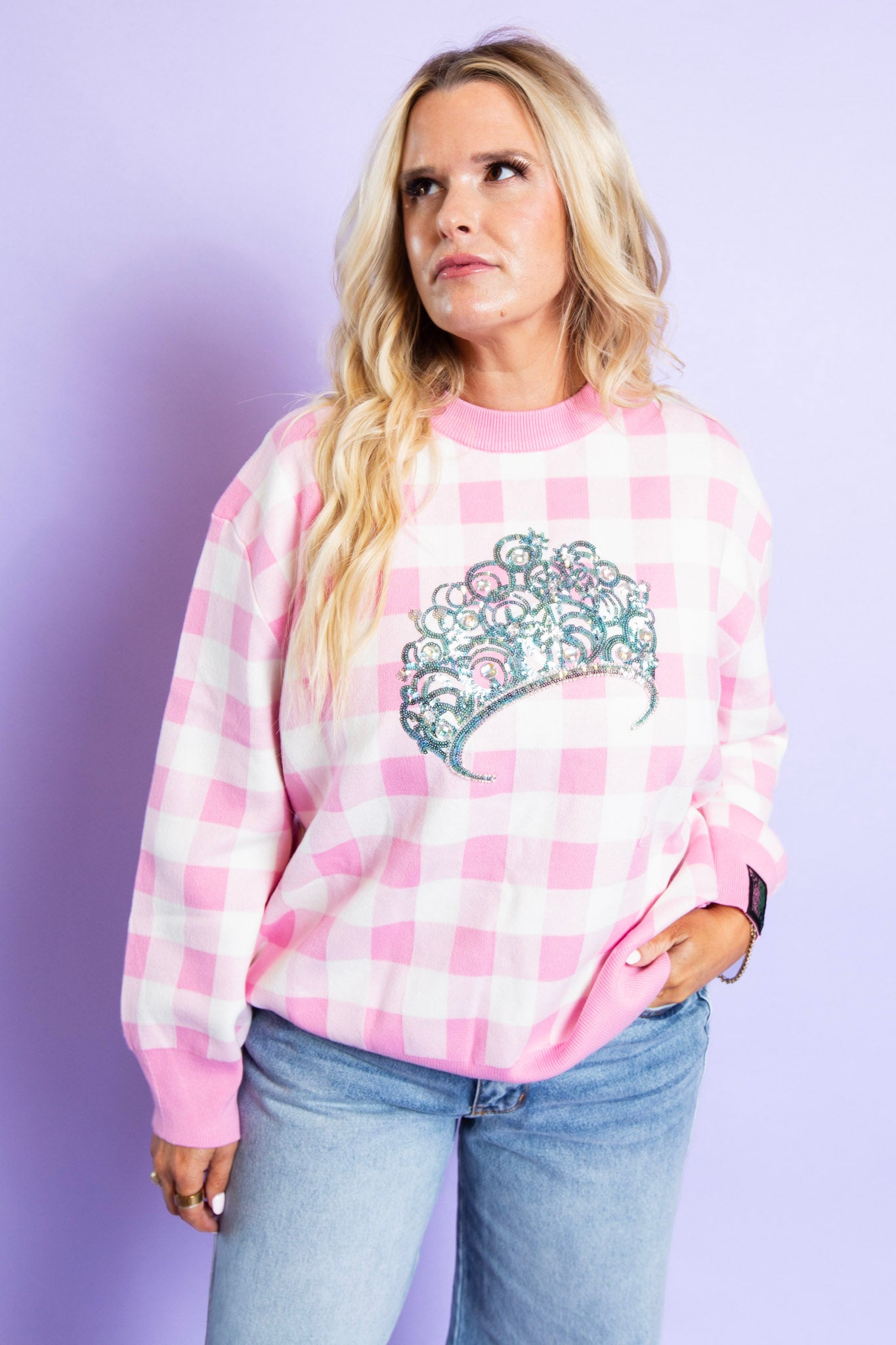 QUEEN OF SPARKLES | Pink & White Gingham Print Licensed Glinda Sweater