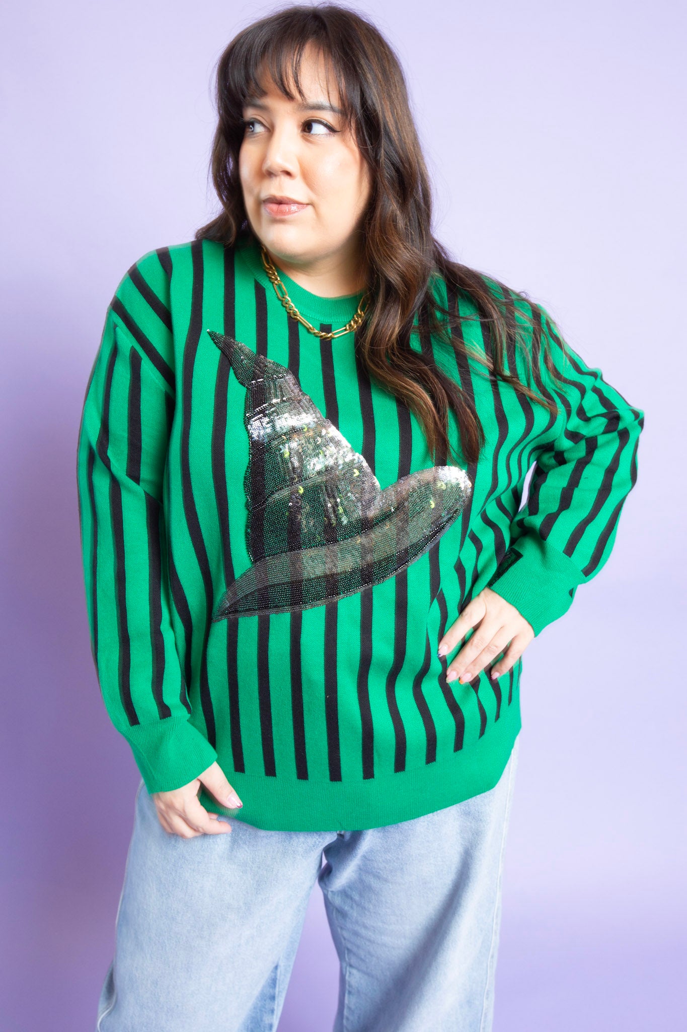 QUEEN OF SPARKLES | Black and Green Striped Hat Sweater Elphaba Licensed