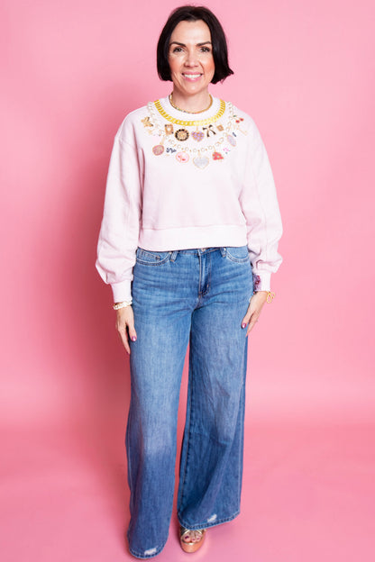 QUEEN OF SPARKLES | Pink Hearts Charm Necklace Sweatshirt
