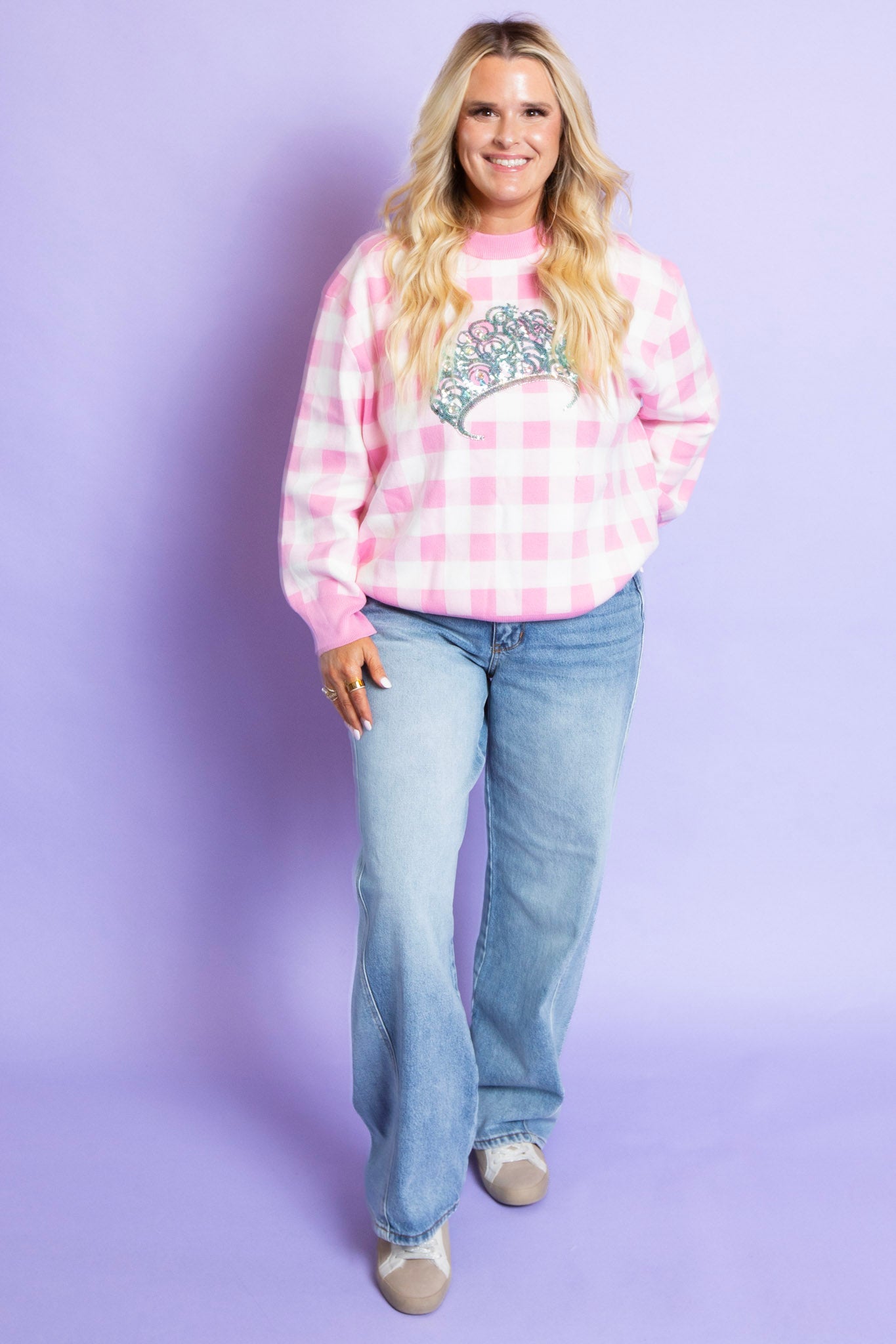 QUEEN OF SPARKLES | Pink & White Gingham Print Licensed Glinda Sweater