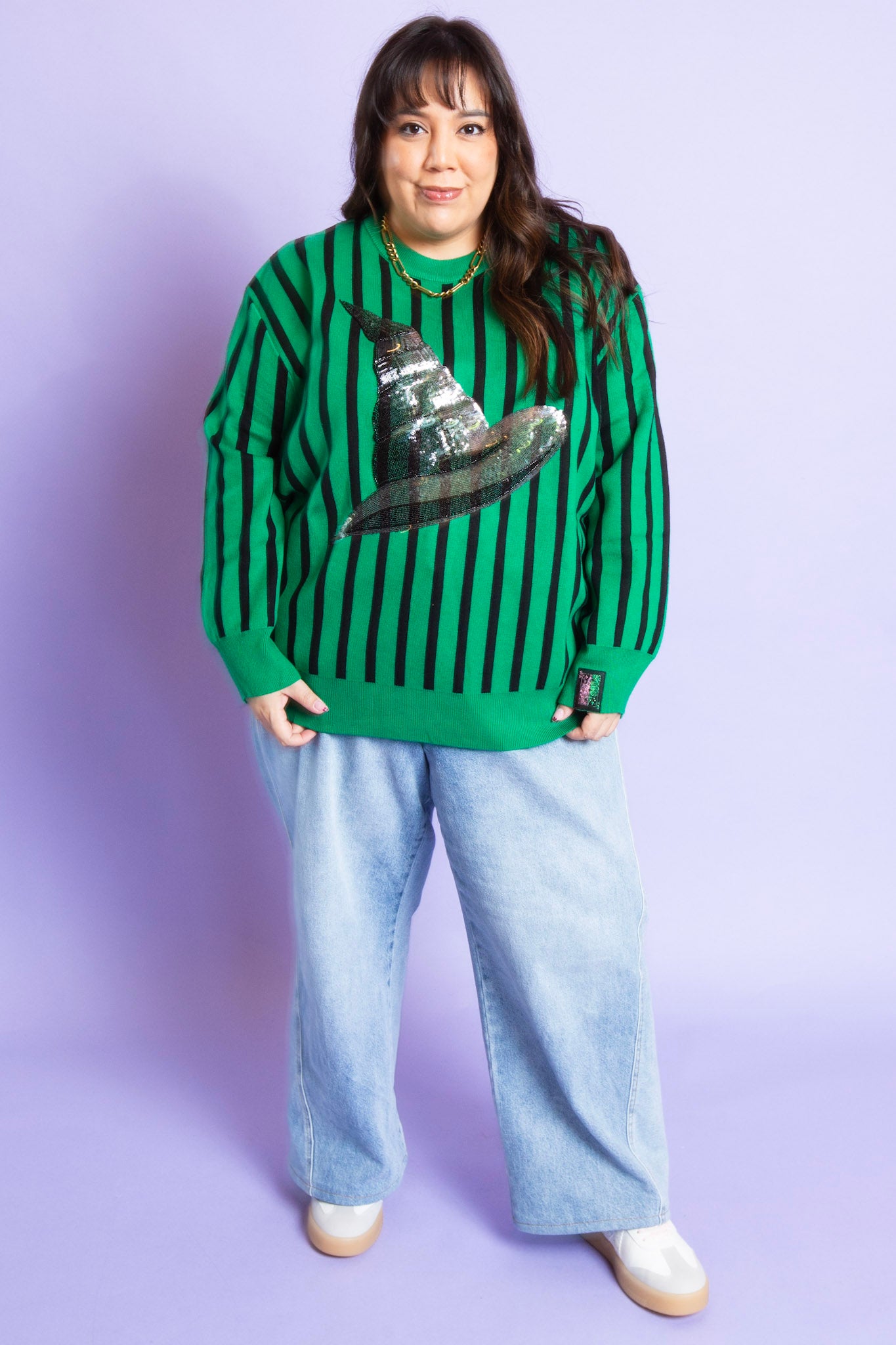 QUEEN OF SPARKLES | Black and Green Striped Hat Sweater Elphaba Licensed