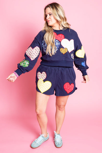 QUEEN OF SPARKLES | Navy Multi Embroidered Hearts Short