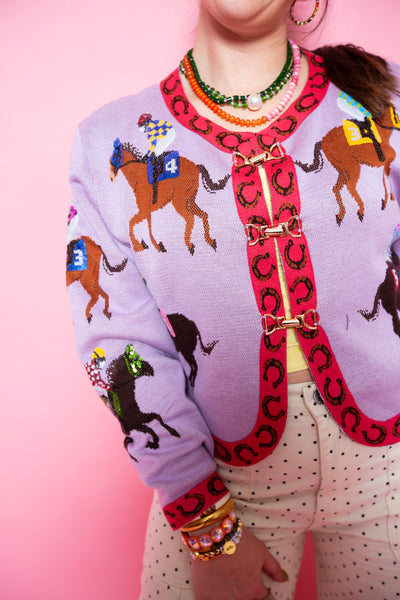 Queen Of Sparkles | Lavender & Pink Jocky & Horse Button Up Cardigan