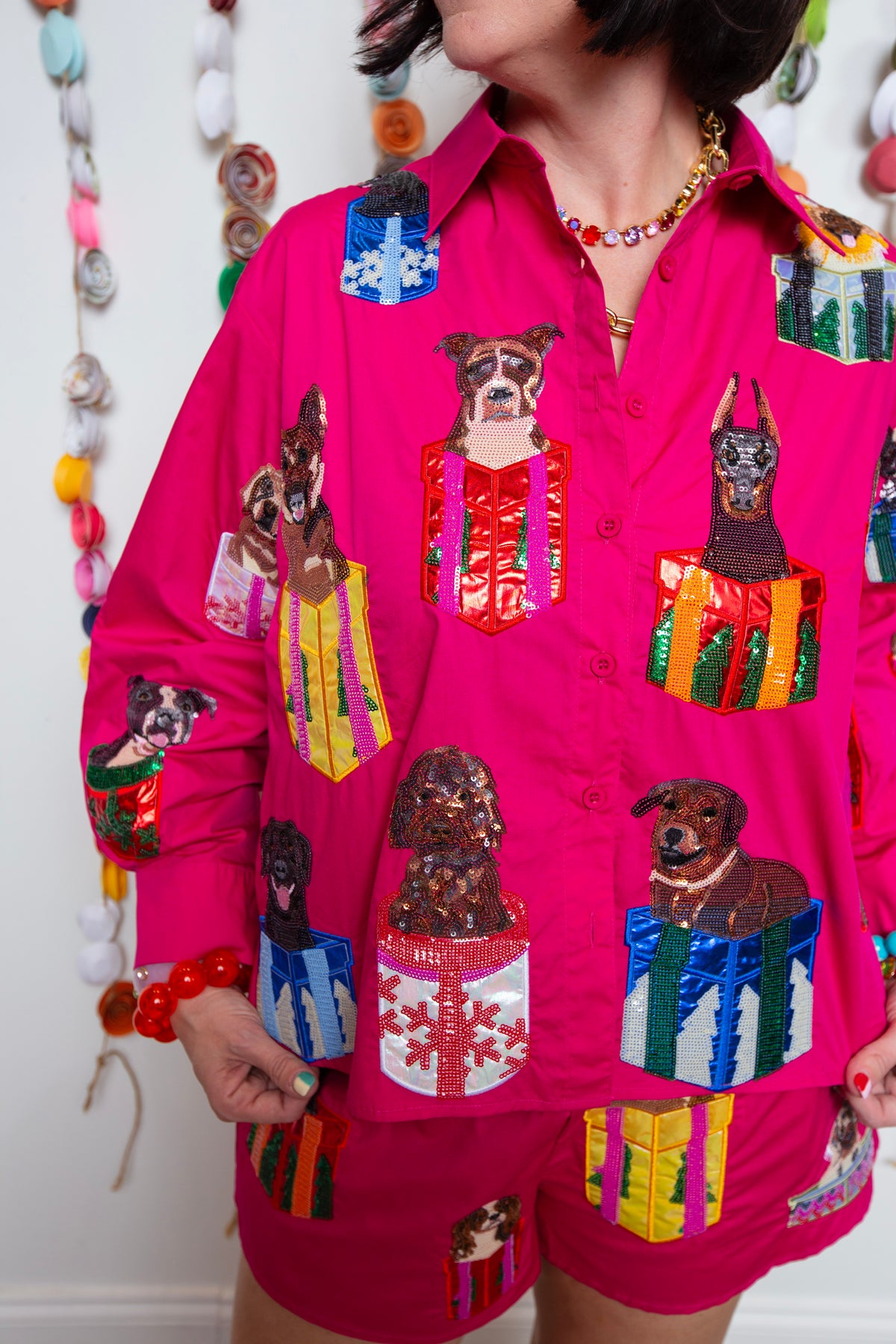 Queen Of Sparkles | Hot Pink Dogs in Present Boxes Button Up Top