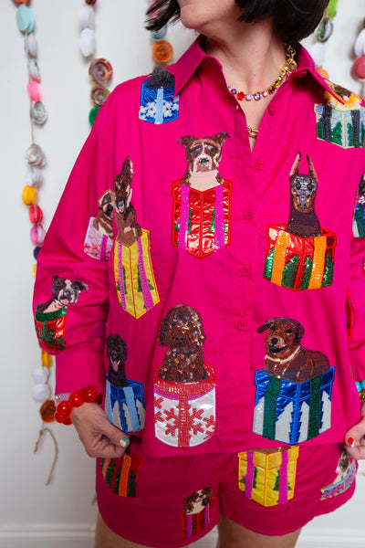 Queen Of Sparkles | Hot Pink Dogs in Present Boxes Button Up Top