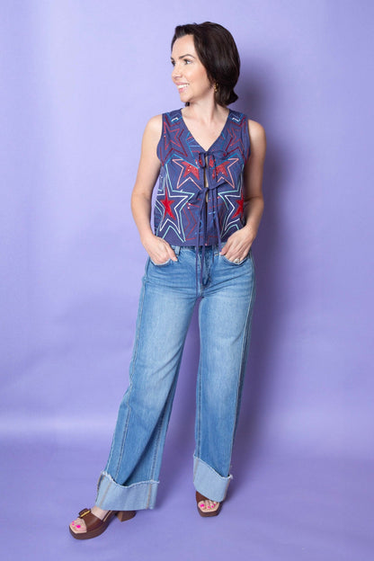 QUEEN OF SPARKLES | Navy Groovy Star Tie Tank