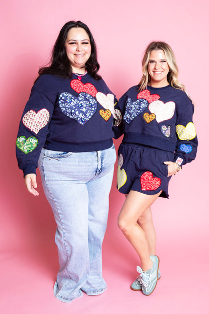QUEEN OF SPARKLES | Navy Multi Embroidered Hearts Sweatshirt