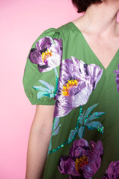 QUEEN OF SPARKLES | Green & Purple Poof Sleeve Flower Cotton Dress