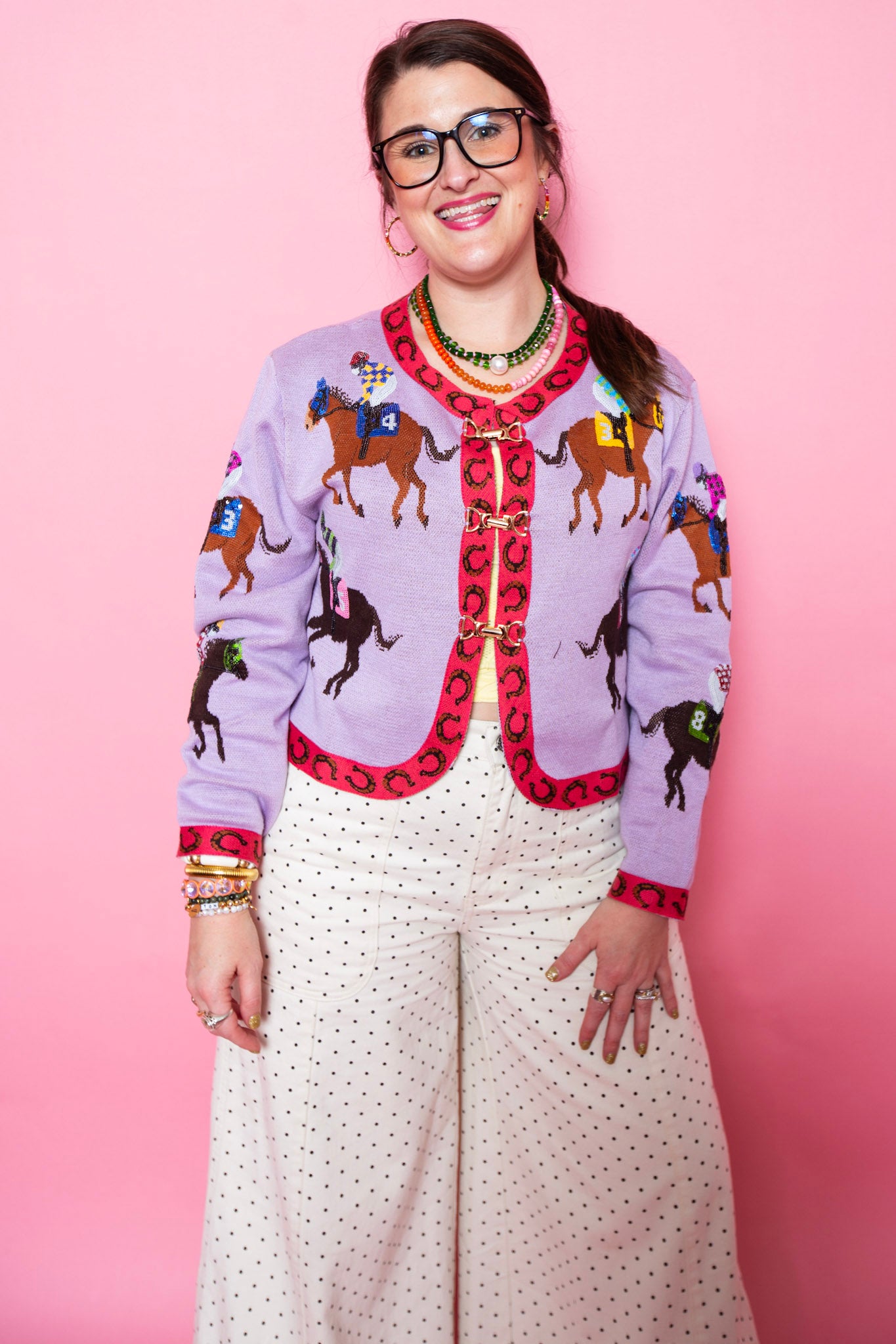 Queen Of Sparkles | Lavender & Pink Jocky & Horse Button Up Cardigan