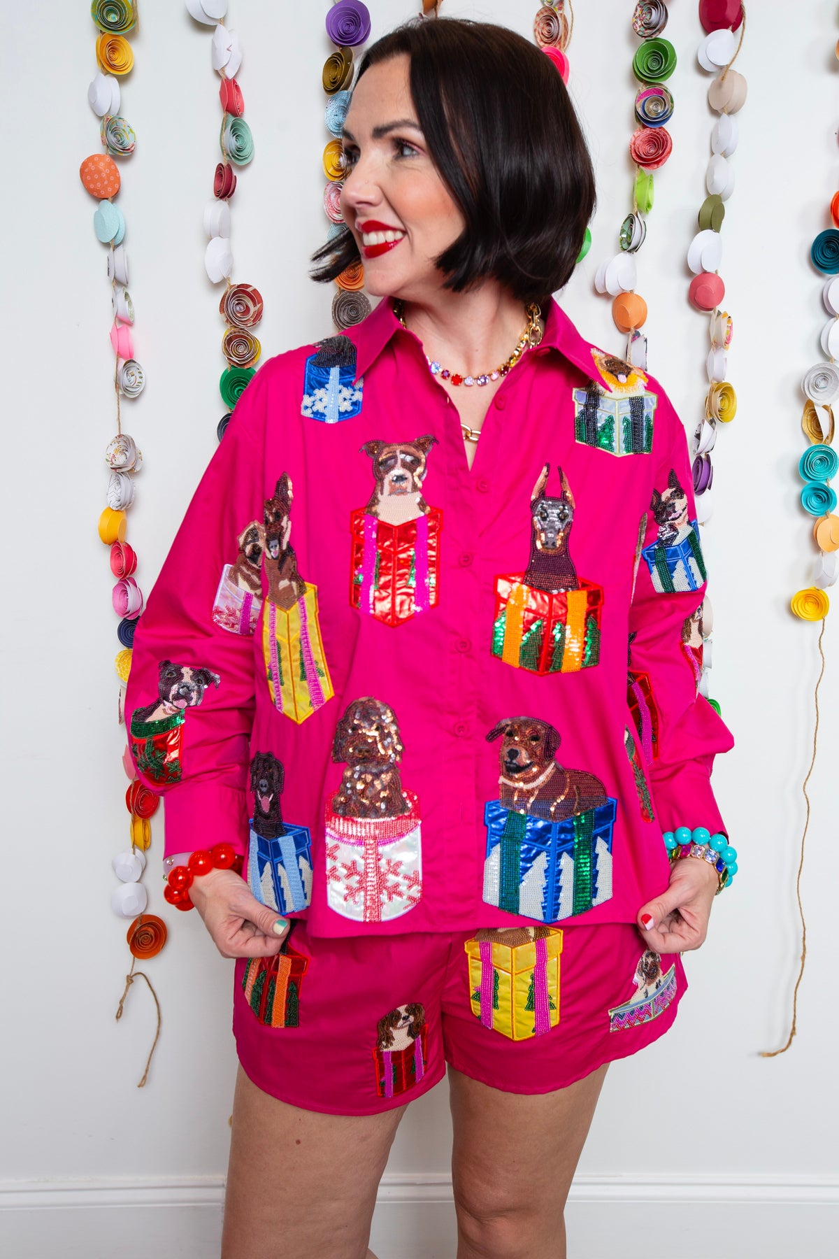Queen Of Sparkles | Hot Pink Dogs in Present Boxes Button Up Top