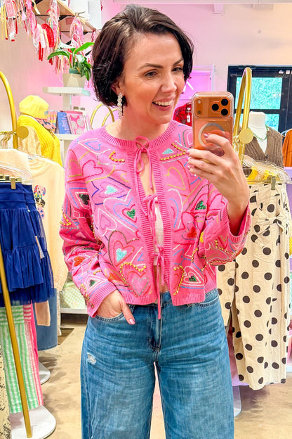 QUEEN OF SPARKLES | Hot Pink Multi Groovy Heart Tie Up Sweater