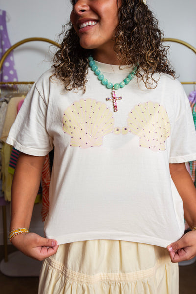 Seashell Bikini Bling Mom Crop Bling Tee Ivory