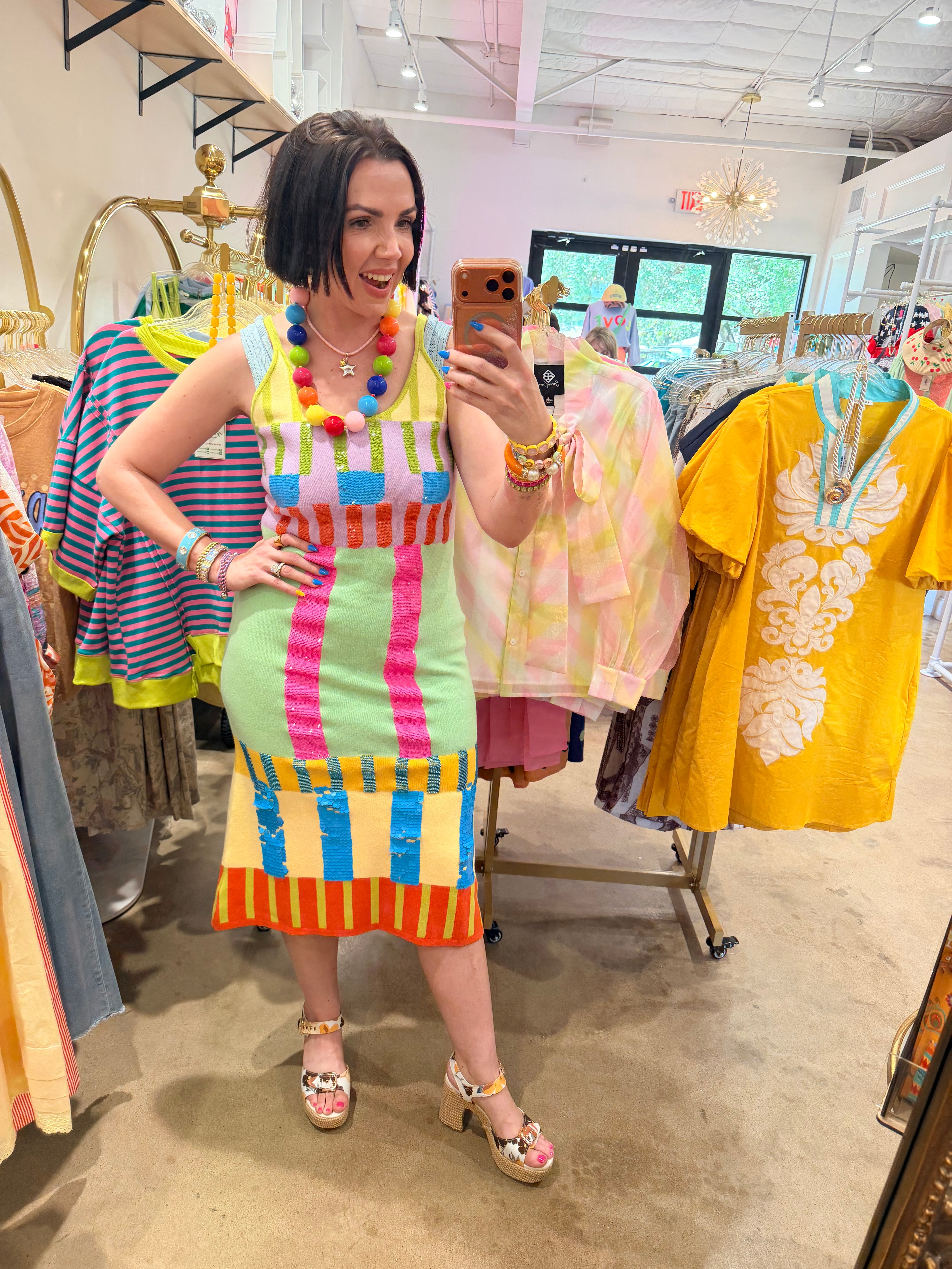 QUEEN OF SPARKLES | Bright Multi Color Block Knit Midi Dress