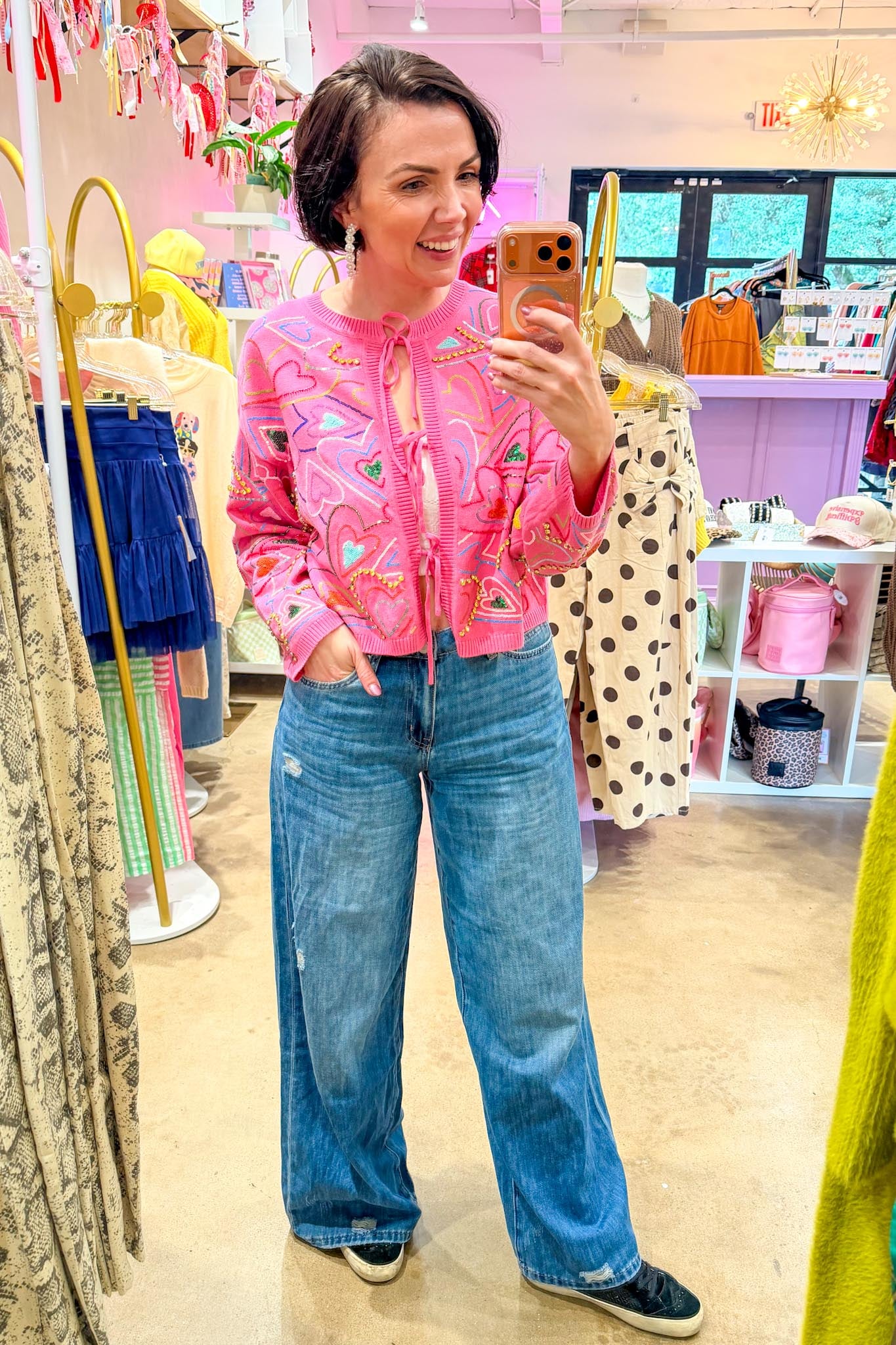 QUEEN OF SPARKLES | Hot Pink Multi Groovy Heart Tie Up Sweater