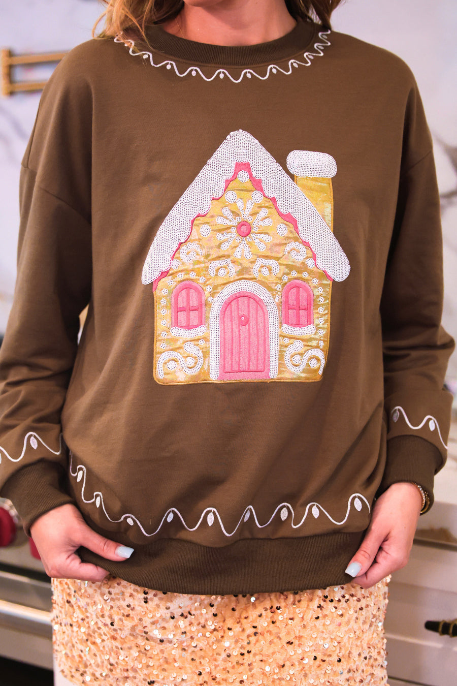 Pre Order Foil Gingerbread House Pullover | Reg & Plus
