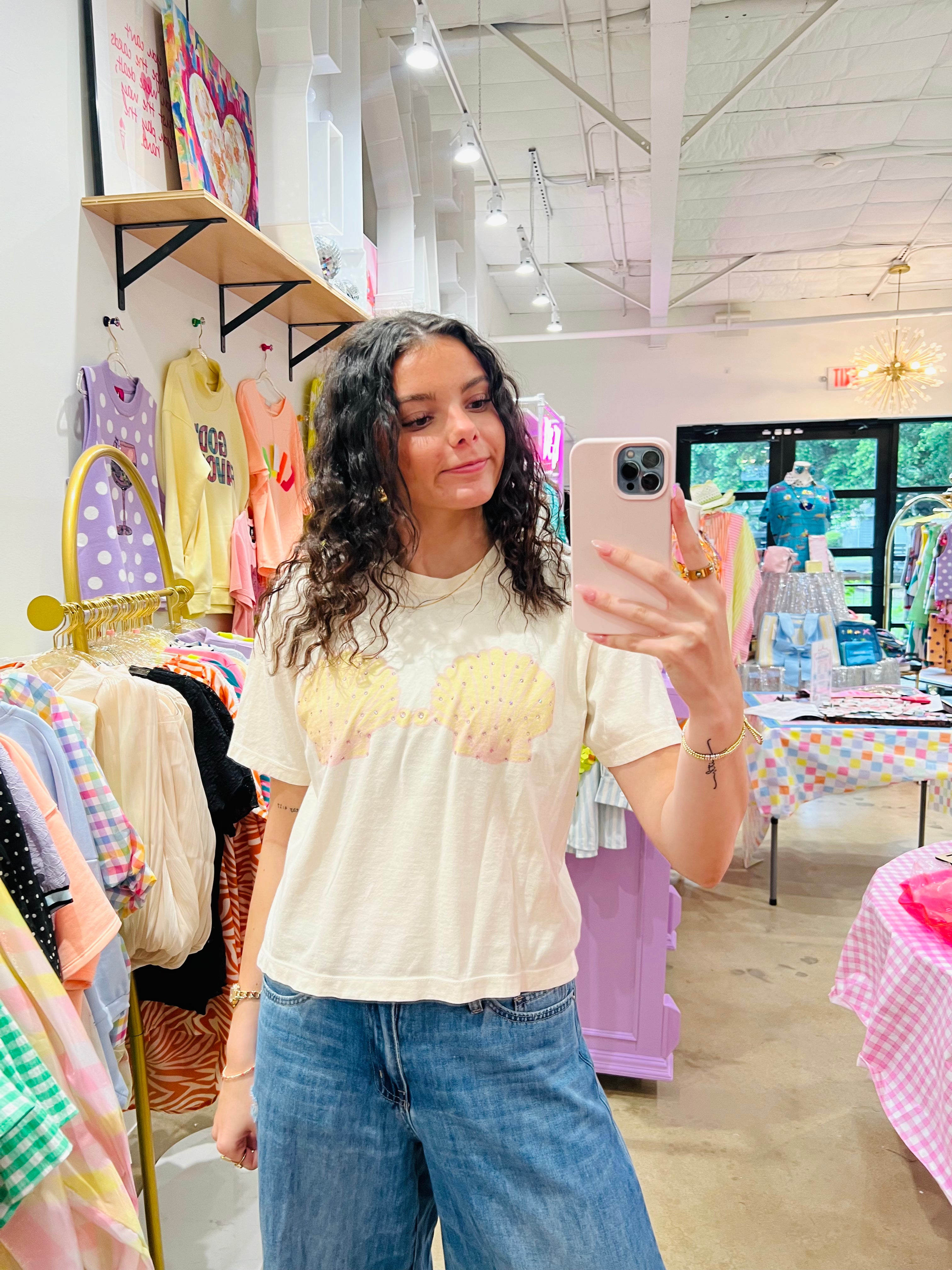 Seashell Bikini Bling Mom Crop Bling Tee Ivory