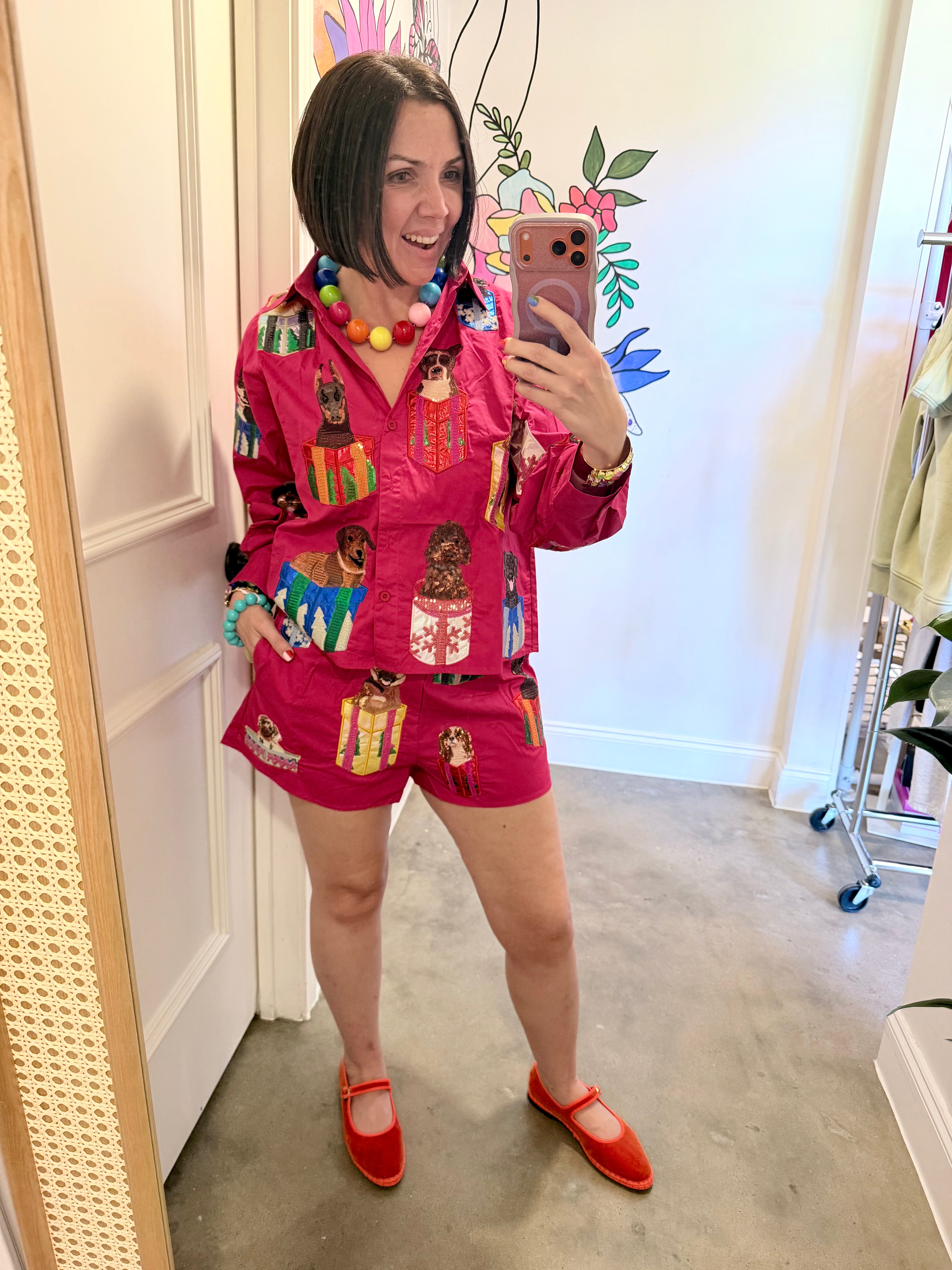 Queen Of Sparkles | Hot Pink Dogs in Present Boxes Button Up Top
