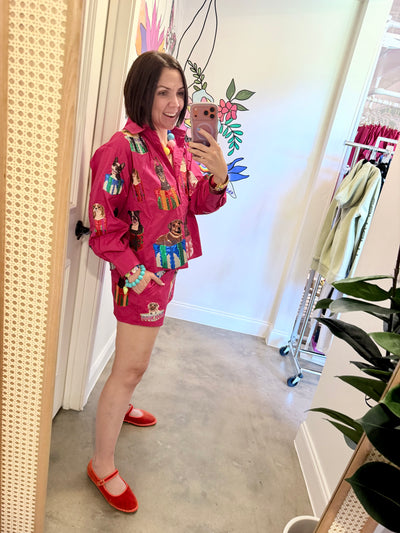 Queen Of Sparkles | Hot Pink Dogs in Present Boxes Button Up Top
