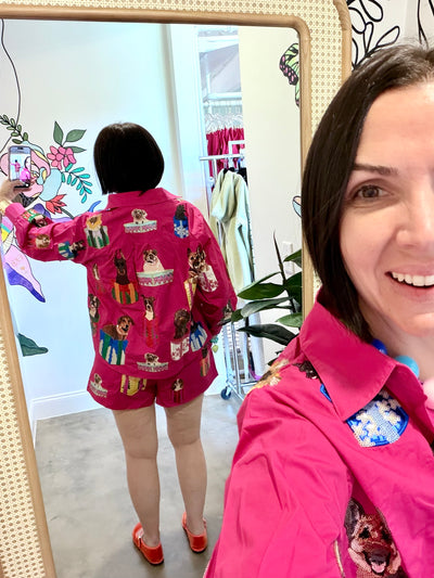 Queen Of Sparkles | Hot Pink Dogs in Present Boxes Button Up Top