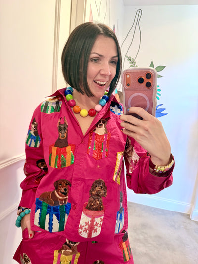 Queen Of Sparkles | Hot Pink Dogs in Present Boxes Button Up Top