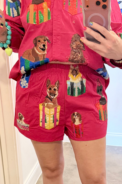 Queen Of Sparkles | Hot Pink Dogs in Present Boxes Shorts