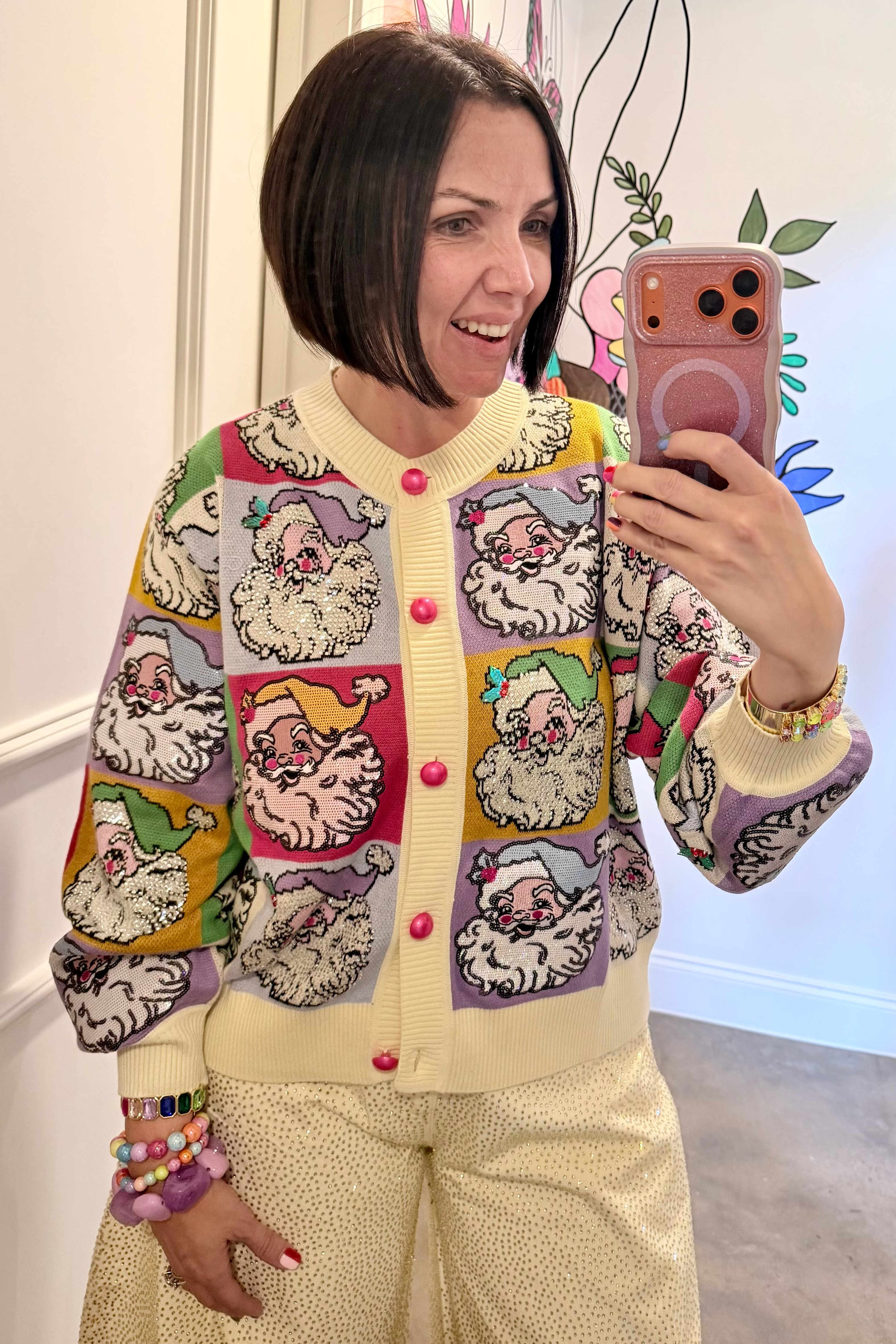 Queen Of Sparkles | Pastel Colorblock Santa Button Up Cardigan