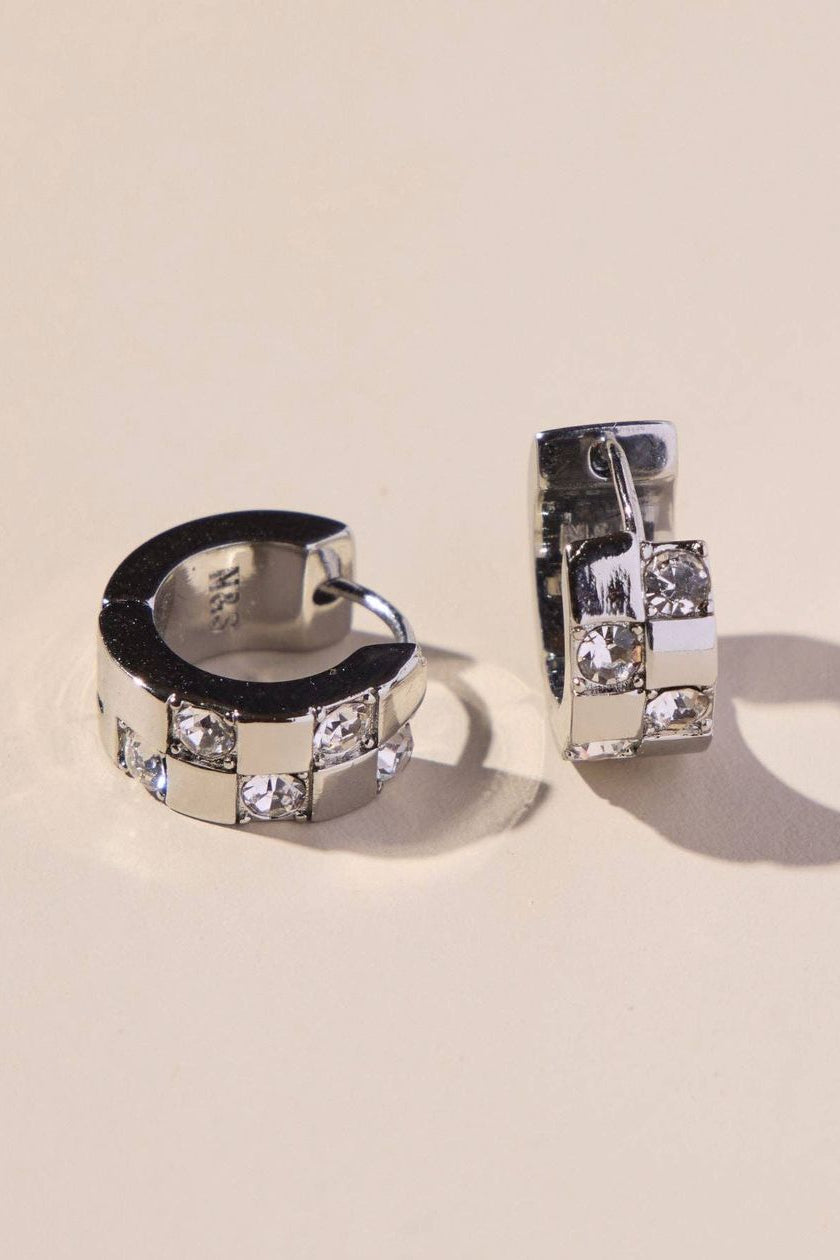 Nickel & Suede | Silver Pave Checkered Huggies