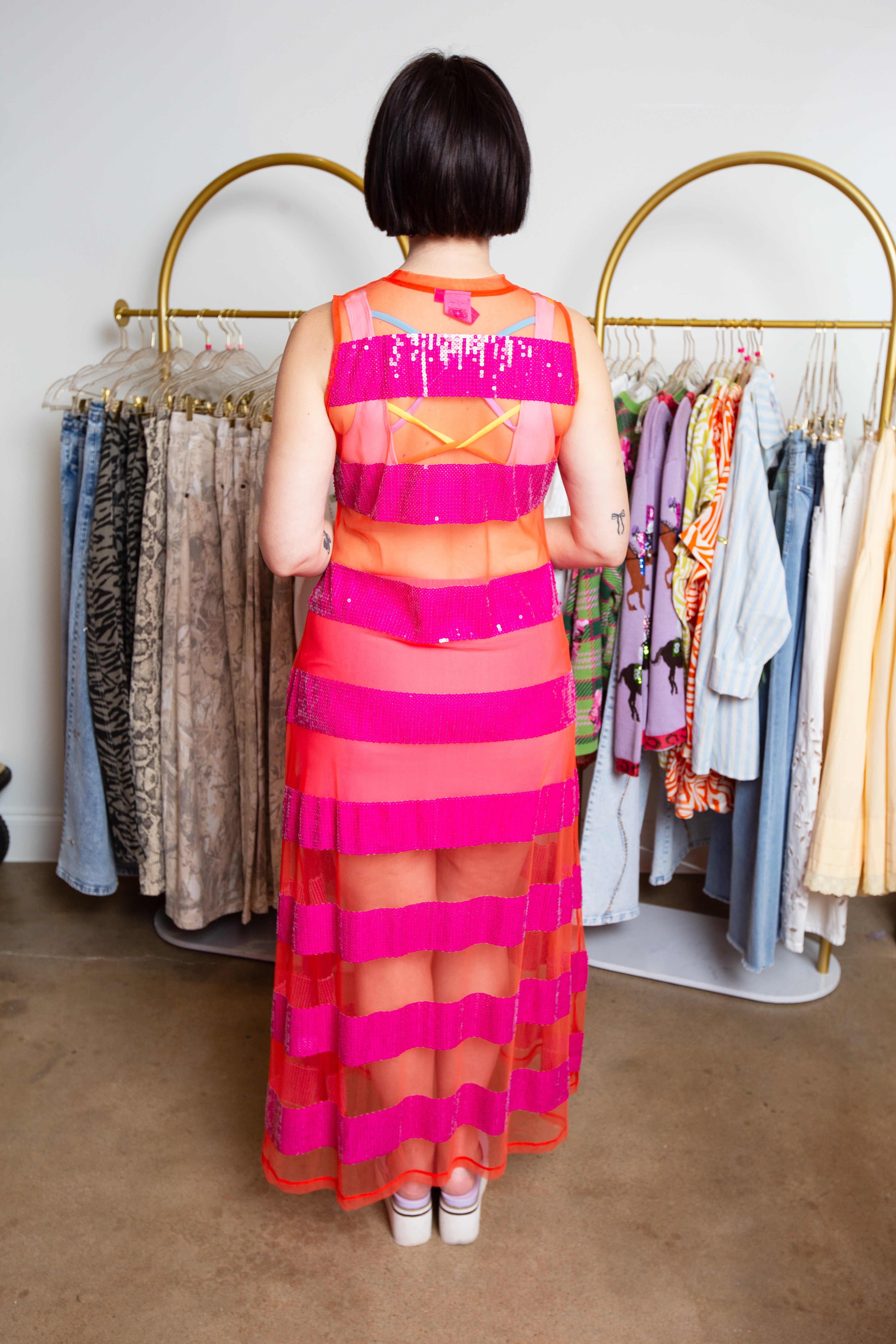 QUEEN OF SPARKLES | Orange and Pink Sequin Cover Up Midi dress