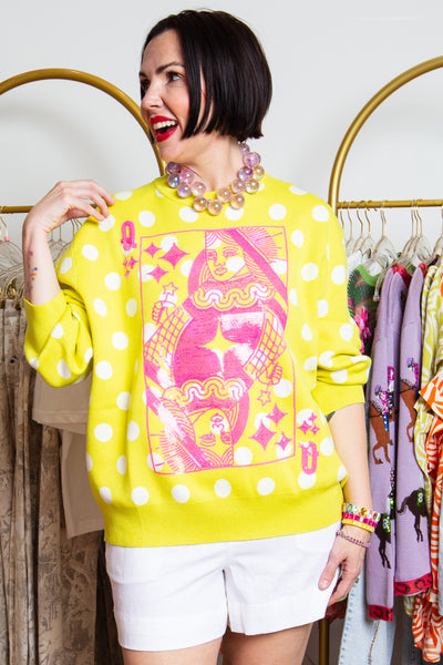 QUEEN OF SPARKLES | Lime and Pink Polka Dot Queen Card Sweater