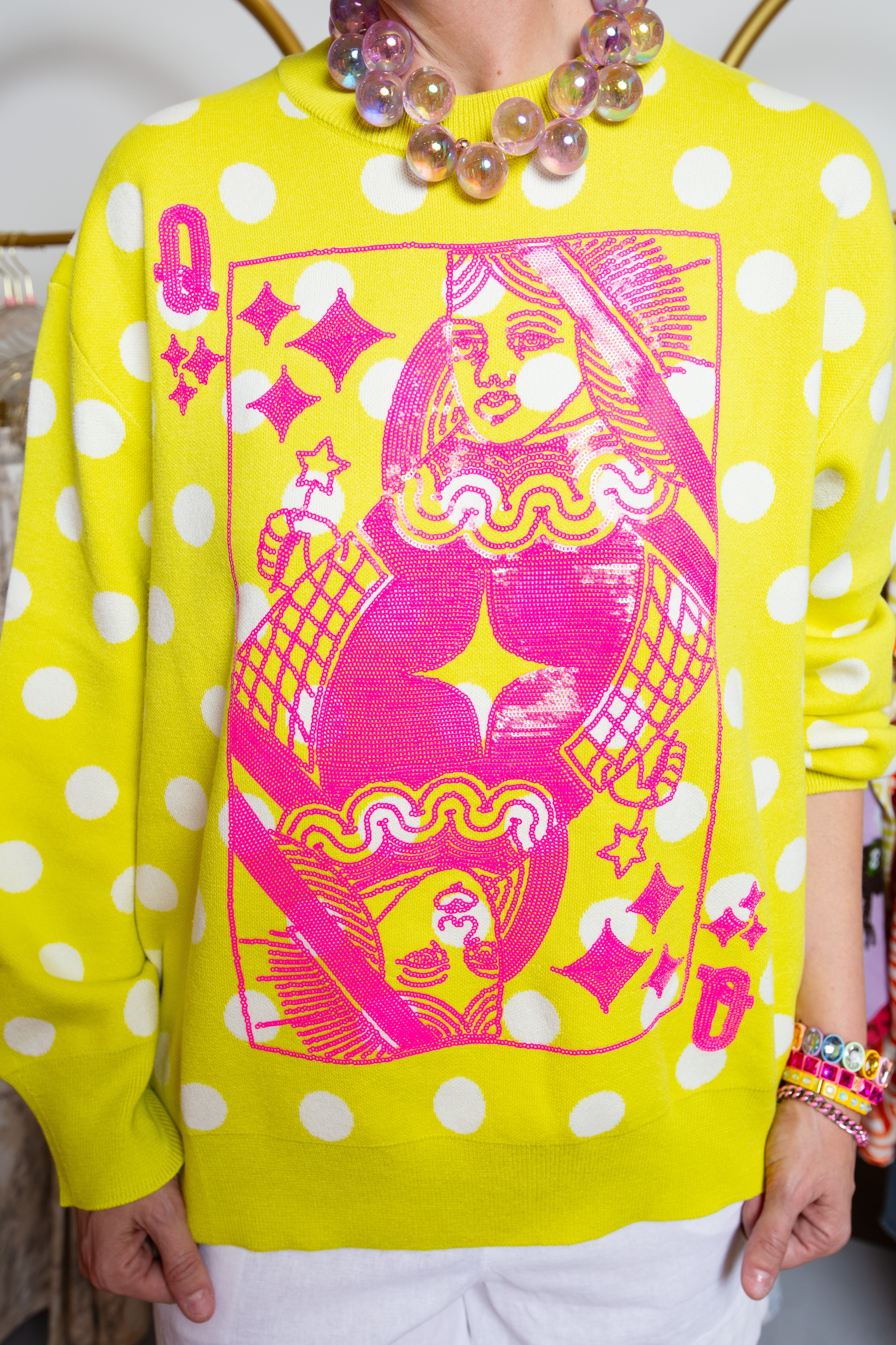 QUEEN OF SPARKLES | Lime and Pink Polka Dot Queen Card Sweater