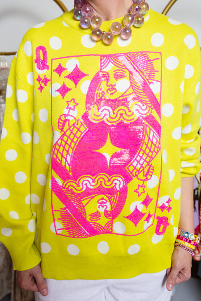 QUEEN OF SPARKLES | Lime and Pink Polka Dot Queen Card Sweater