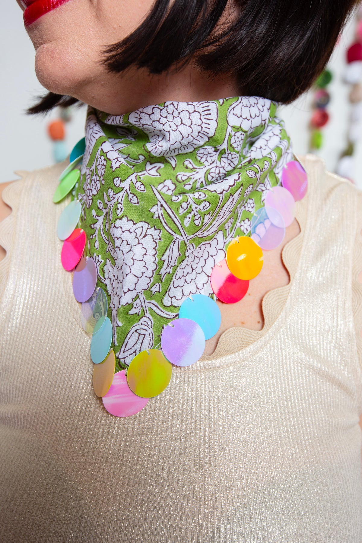 Green/Black floral Sequin Bandana