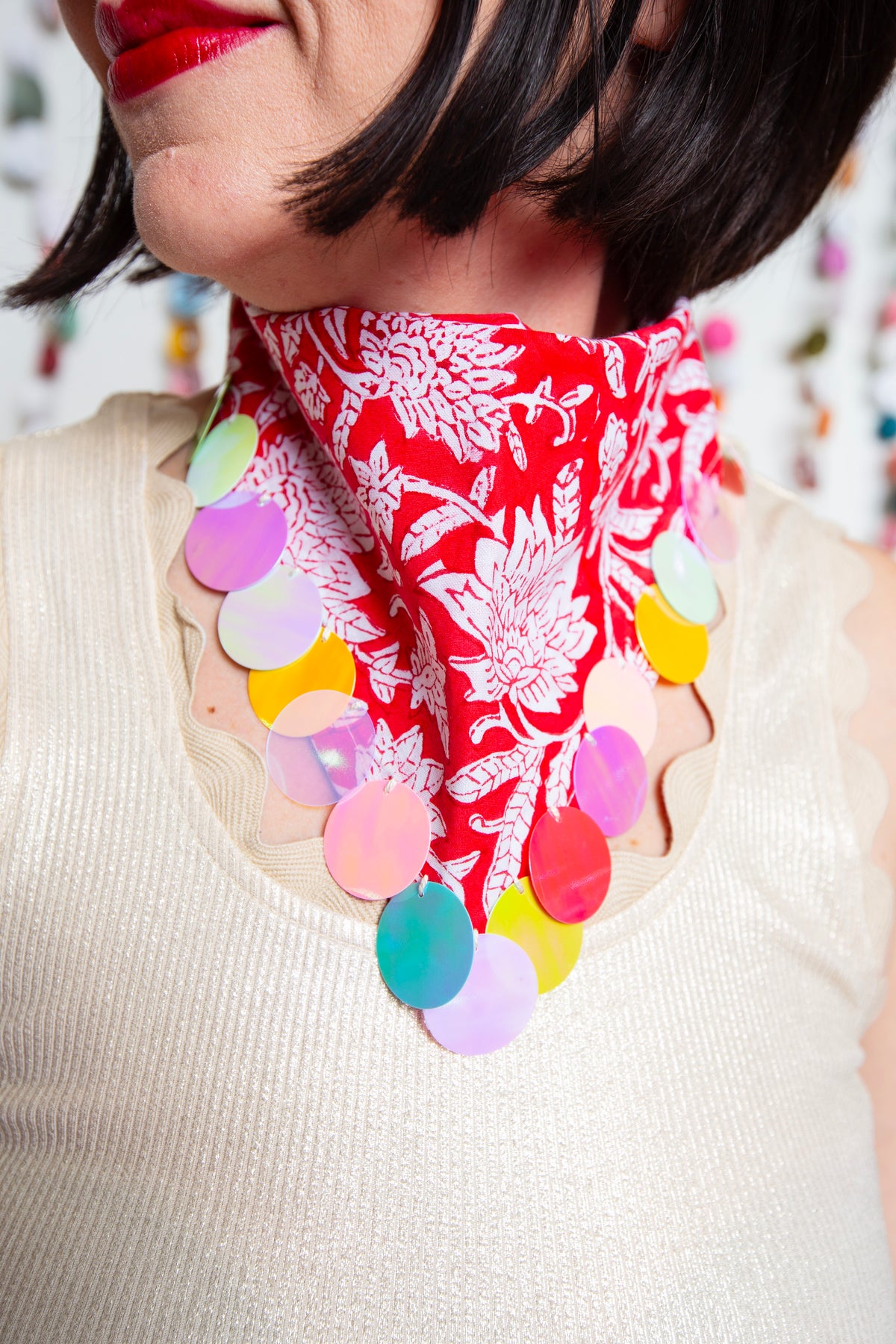 Red Floral Sequin Bandana