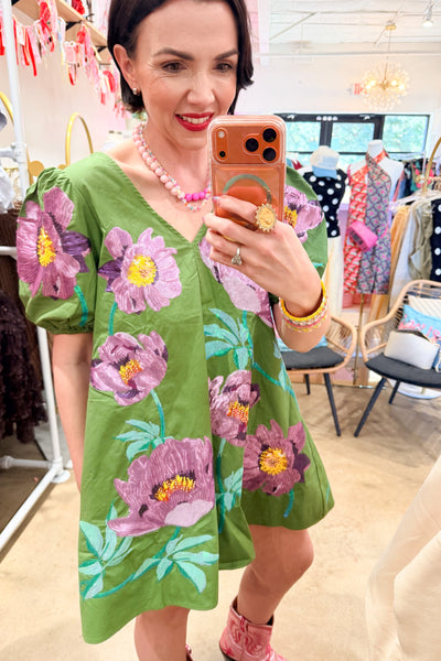 QUEEN OF SPARKLES | Green & Purple Poof Sleeve Flower Cotton Dress