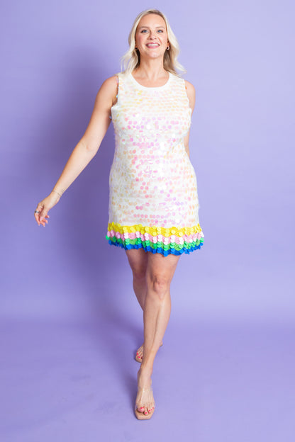 QUEEN OF SPARKLES  | White Rainbow Trim Dress