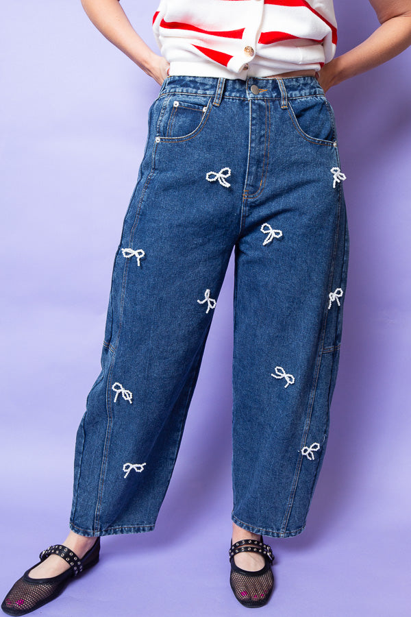 Pearl Bow Denim Barrel Jeans