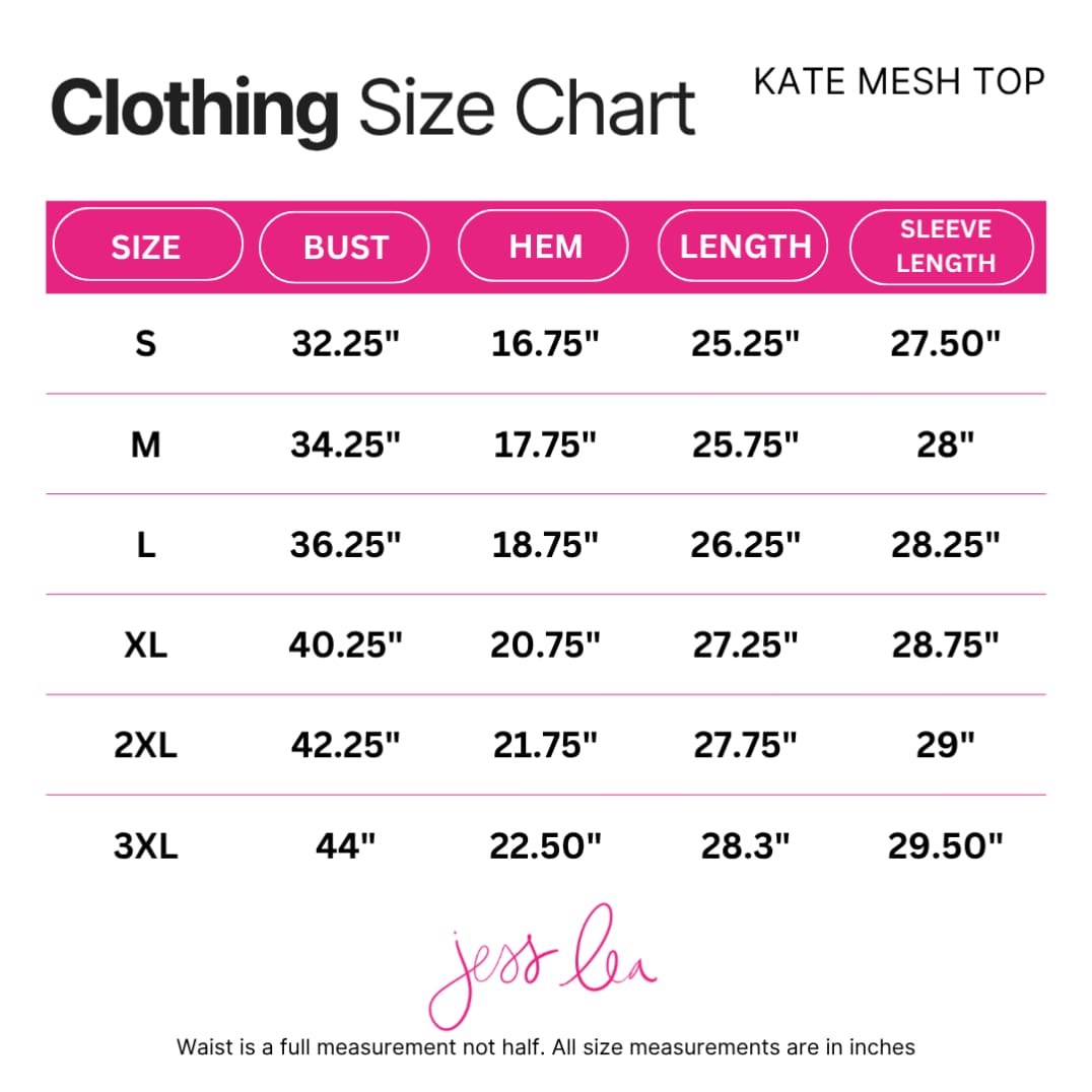 Size chart for the Kate Mesh Top in GiGi the Ghost, sizes S through 3XL
