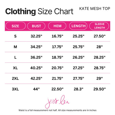 Size chart for the Kate Mesh Top in GiGi the Ghost, sizes S through 3XL