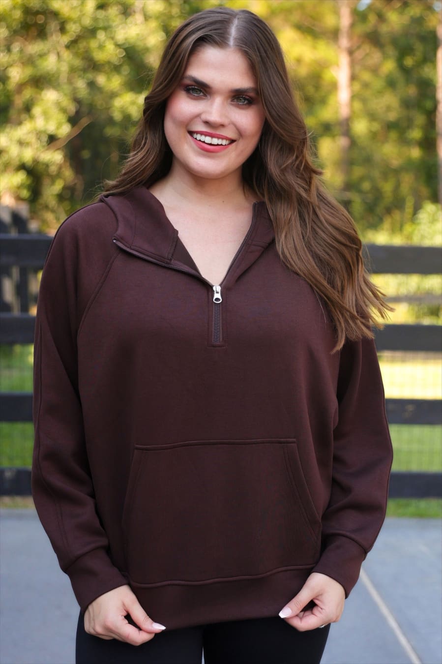 Kayla Luxe Hooded Quarter Zip Pullover- Chocolate