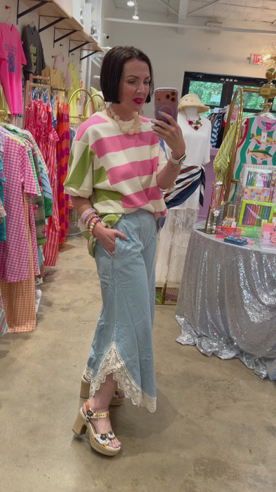 Wide Leg Tulip Lace Hem Jeans