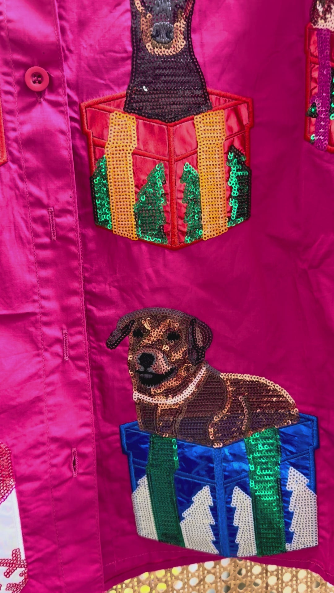 Queen Of Sparkles | Hot Pink Dogs in Present Boxes Button Up Top