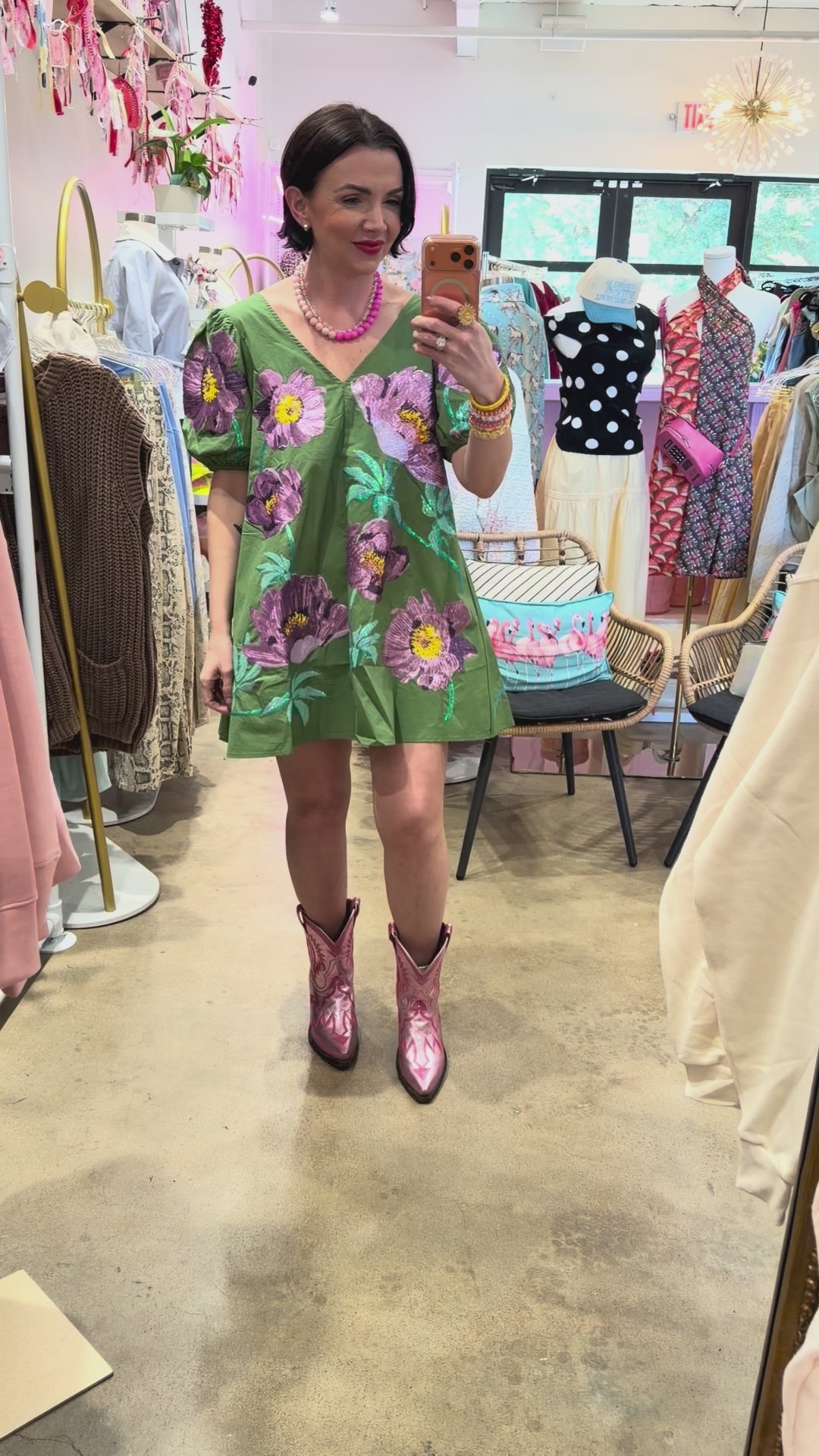 QUEEN OF SPARKLES | Green & Purple Poof Sleeve Flower Cotton Dress