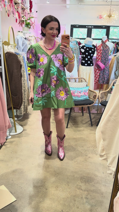 QUEEN OF SPARKLES | Green & Purple Poof Sleeve Flower Cotton Dress