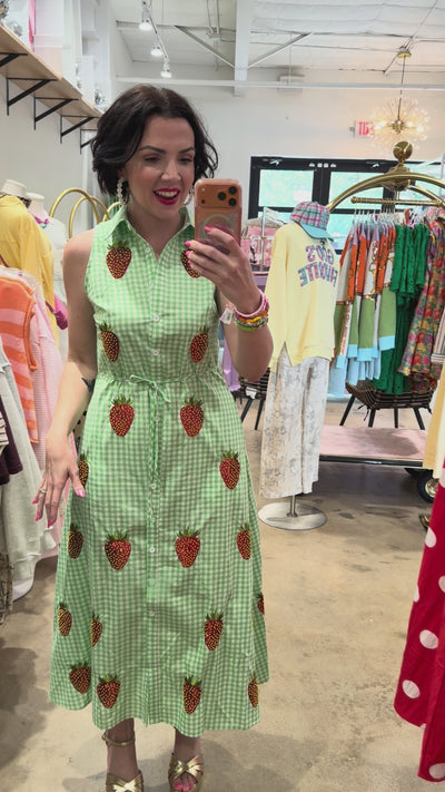 Queen Of Sparkles | Green & White Gingham Beaded Strawberry Button Up Collar Midi Dress