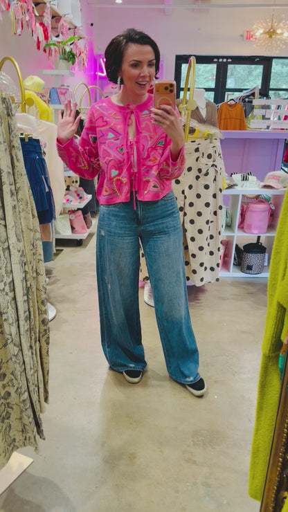 QUEEN OF SPARKLES | Hot Pink Multi Groovy Heart Tie Up Sweater