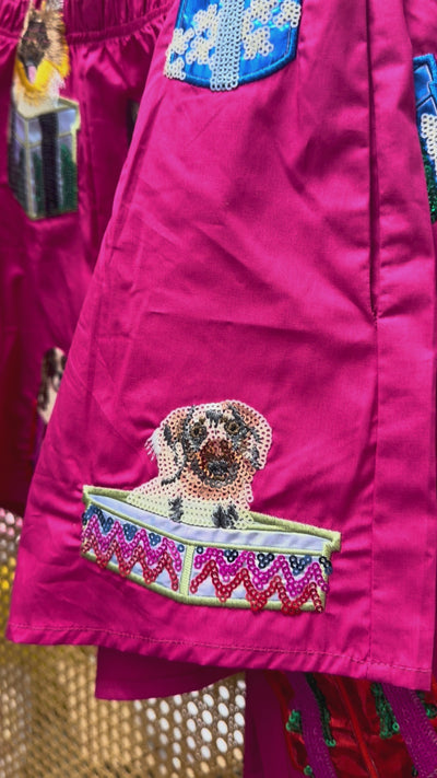 Queen Of Sparkles | Hot Pink Dogs in Present Boxes Button Up Top
