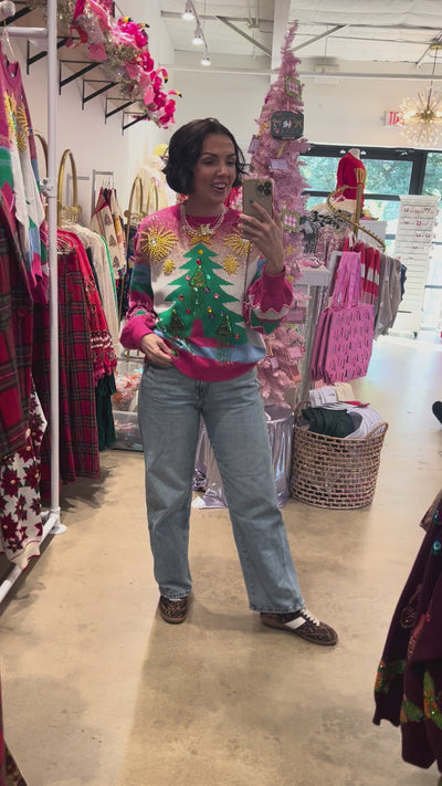 QUEEN OF SPARKLES | Multi Pearl Fringe Christmas Tree Sweater