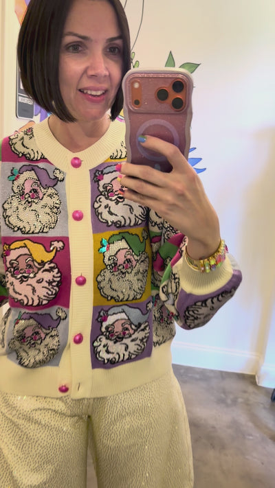 Queen Of Sparkles | Pastel Colorblock Santa Button Up Cardigan
